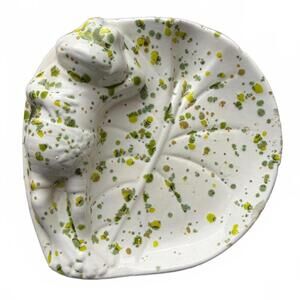 Vintage Green Speckled Relaxing Frog on Lily Pad Ceramic Trinket Dish